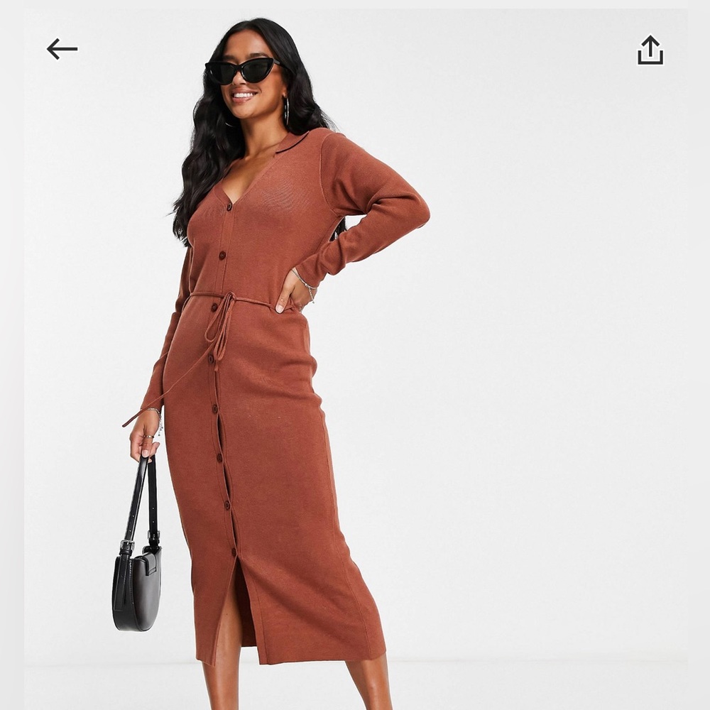 Cute trendy ASOS petite knit midi dress with open collar and tie waist in brown